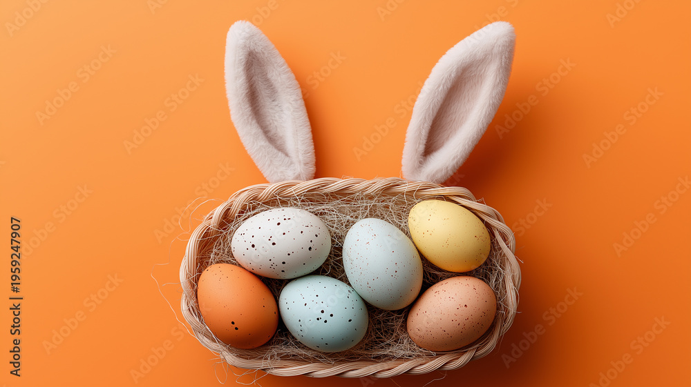 Fototapeta premium Easter celebration comes alive with a charming basket of colorful eggs and a playful bunny theme Generative AI