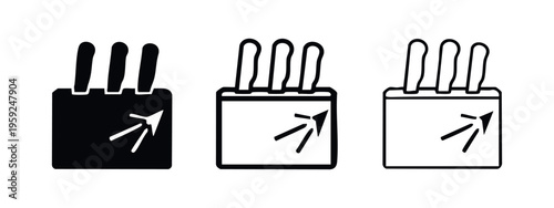 Knife block with sharpness indicator icon set. Kitchen cutlery storage symbol in solid, bold outline, and thin outline styles.