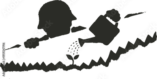 Soldier in a trench watering a small plant stencil art