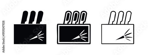 Knife block with sharp edge indicator icon set. Kitchen cutlery with safety concept in solid, bold outline, and thin outline styles.