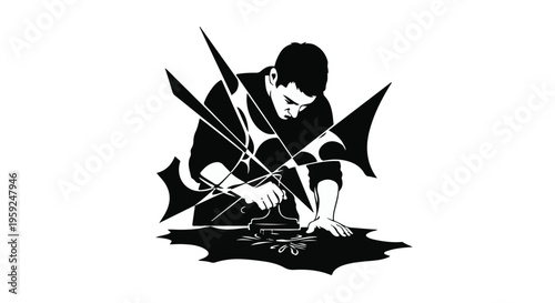 Focused craftsman meticulously assembling intricate mechanical components with precision