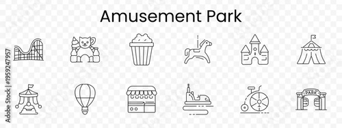 Amusement park set icon. Rollercoaster, mascot, popcorn, carousel, castle, circus, swingride, balloon, kiosk, bumpercar, wheelchair, entrance, entertainment, fun, festival, attraction