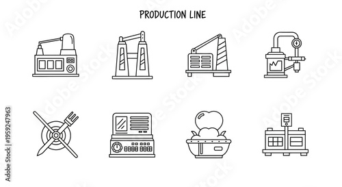 Line Art Illustration of Factory Production Line with Machinery and Processes