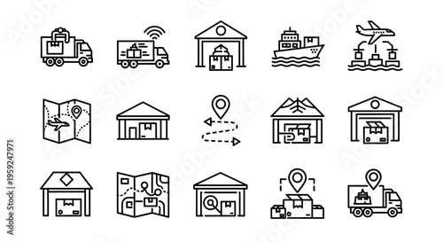 Line Art of Various Transportation Vehicles and Structures for Infrastructure Design