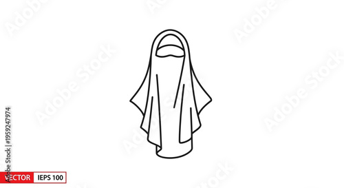 Islamic woman wearing niqab, traditional Muslim veil, headscarf, face covering, religious attire, simple line art icon