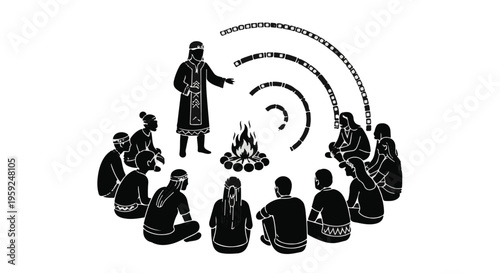 Indigenous storyteller shares ancient wisdom by a crackling campfire with a listening circle.