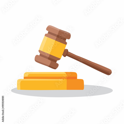 A judge bangs a gavel on a block in a courtroom setting.