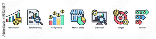 Performance Analysis web banner icon vector illustration with icons of Performance,Benchmarking,Competitive,Market Share,Evaluation,Target,and Priority