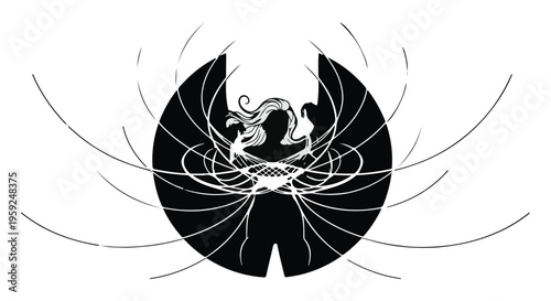 Mysterious abstract silhouette with flowing lines and circular elements, evoking a sense of transformation or creation.