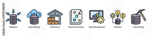 Data Management web banner icon vector illustration with Database,Data Storage,Warehouse,Unstructured Data,Data Management,Big Data,and Data Mining