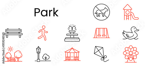Park set icon. Outline pictograms, bench, walking person, fountain, swing, duck, trees bench, street lamp, gazebo, kite, ferris wheel, no dog sign, playground slide.