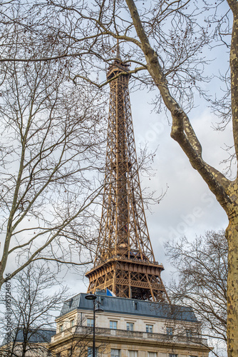 Iconic Paris landmark under overcast sky