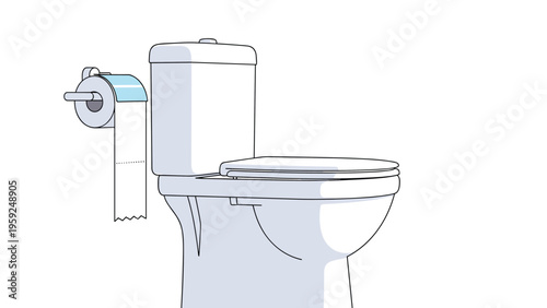 Simple stylized illustration of a white toilet with a toilet paper roll holder on the wall next to it on a plain background.