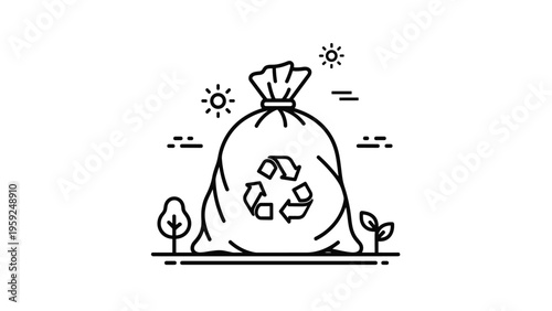 Line art of a tied trash bag with a recycling symbol on its front located in a park setting with small trees and sun icons.