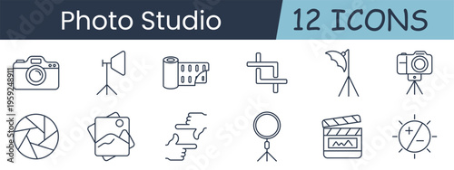 Photo studio set icon. Camera, softbox, film, backdrop, umbrella, tripod, aperture, photo, gesture, ringlight, clapperboard, exposure, photography, lighting, equipment, production