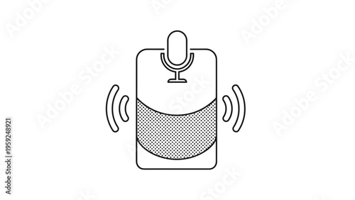 Stylized line art of a smart speaker or electronic device with a microphone icon at the top and radiating sound wave symbols.