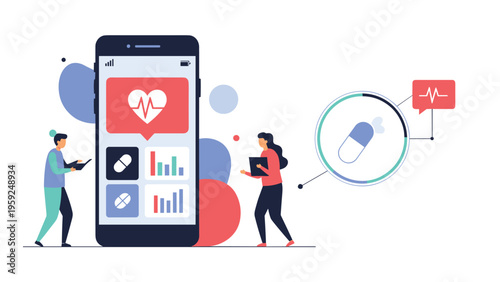 Flat vector illustration showing two people interacting with a giant smartphone screen that displays medical data and medications.