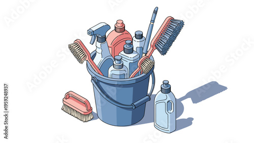 Isometric illustration of a blue plastic bucket filled with various cleaning supplies such as spray bottles, brushes, and detergents.