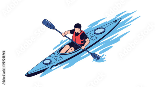 Isometric illustration of a person wearing a life vest and paddling a blue kayak through splashing water on a white background.