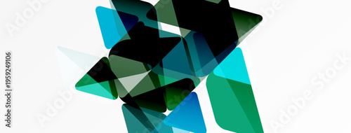 Abstract geometric shapes overlap, creating dynamic composition. Greens, blues dominate white background. Modern design element.