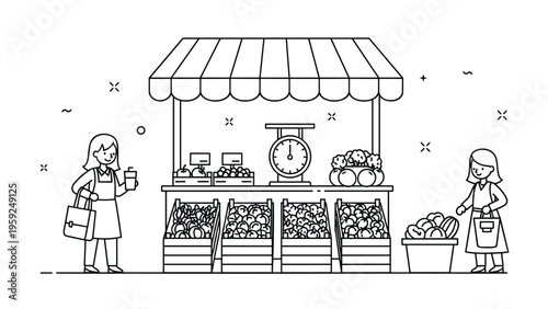 Line drawing of shoppers browsing fresh produce at a traditional outdoor market stall with various fruits and vegetables.