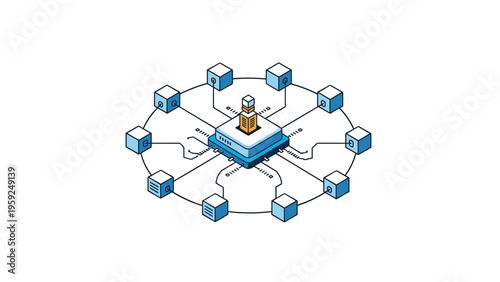 Isometric illustration of a computer server connected by lines to several blue cubes representing a decentralized blockchain network.
