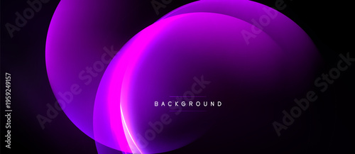 Abstract purple layers create glowing circular shapes. Dark background emphasizes vibrant color gradients, modern design.