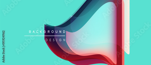 Abstract design features layered shapes, vibrant colors, turquoise backdrop. Text reads background and design. Modern, dynamic composition.