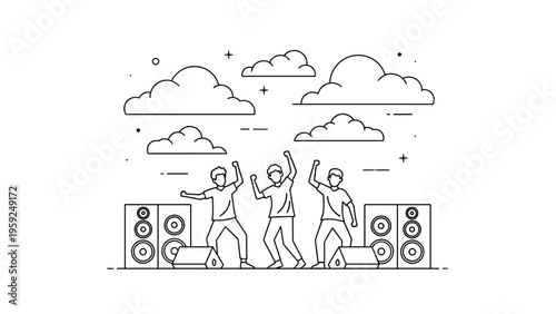 Line art illustration of three young men dancing energetically on a stage with large speakers and fluffy clouds in the background sky.