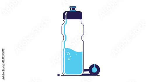 Stylized graphic of a clear sports water bottle half-filled with blue liquid and bubbles standing next to a pair of black dumbbells.