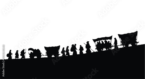 Silhouetted pioneers journey across a vast landscape with covered wagons.