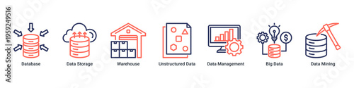 Data Management web banner icon vector illustration with Database,Data Storage,Warehouse,Unstructured Data,Data Management,Big Data,and Data Mining