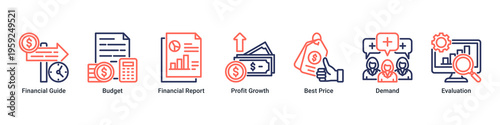 Financial Insight web banner icon vector illustration featuring Financial Guide,Budget,Financial Report,Profit Growth,Best Price,Demand,and Evaluation