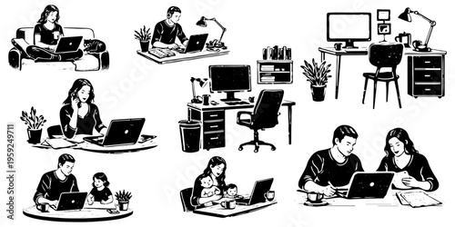 Remote work and home office lifestyle silhouette set. People working on laptops, freelancers, telecommuting scenes, and workspace elements isolated
