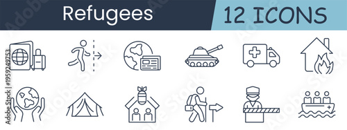 Refugees set icon. Passport, migration, globe id, conflict tank, ambulance, burning house, world support, tent camp, aid box, border control, boat people, humanitarian, crisis