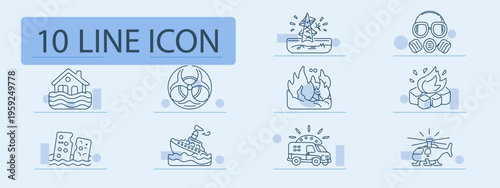 Disaster set icon. Flood, biohazard, lightning, mask, fire, explosion, collapse, shipwreck, ambulance, helicopter, emergency, rescue, hazard, crisis, accident, safety