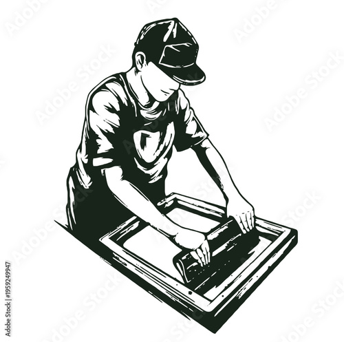 Man in a cap printing on a screen isolated on transparent background