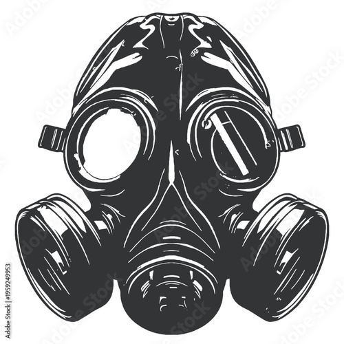 A black and white illustration of a gas mask isolated on transparent background