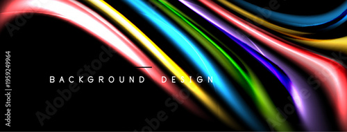 Abstract colorful waves flow across black space. Dynamic lines create modern background design. Bright hues offer visual interest.