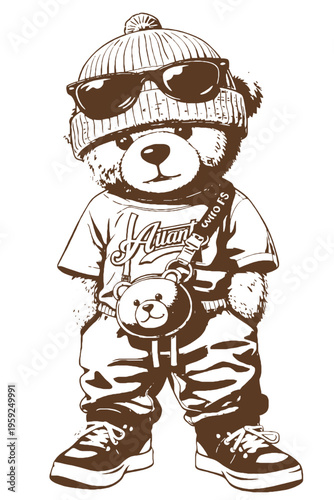 A bear wearing a beanie and sunglasses isolated on transparent background
