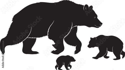 Vector silhouettes of a bear family with a mother bear and cubs walking together.