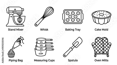"Minimal line icons of baking tools including mixer, pan, piping bag, spatula, cups, mitts, whisk, bundt pan."