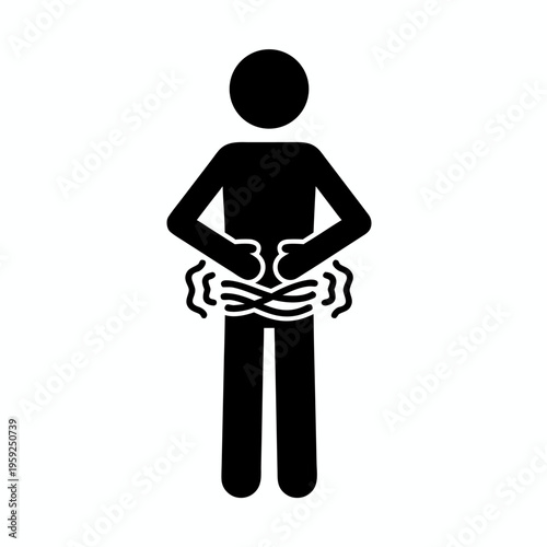 Stick figure person with severe stomach cramps and abdominal pain vector icon.
