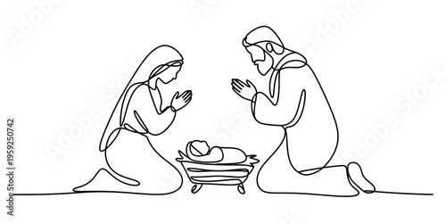 Continuous line drawing of mary and joseph praying over baby jesus in the manger nativity scene