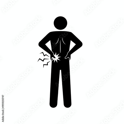 Stick figure man experiencing severe lower back pain and lumbar discomfort vector illustration.