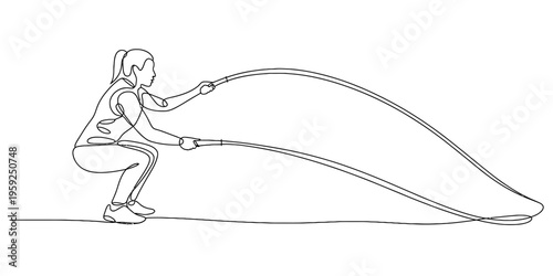 One line drawing of a young woman doing a battle rope workout in a crouched position.