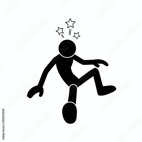 Stick figure person sitting on floor feeling dazed with stars above head silhouette vector icon
