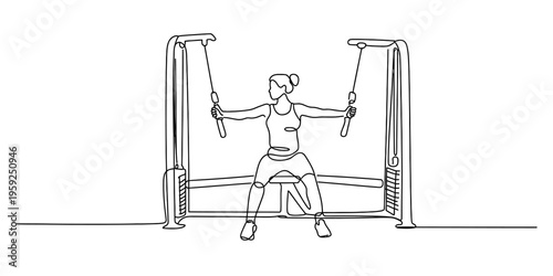 Continuous line drawing of a fit woman performing chest flies on a cable machine at the gym