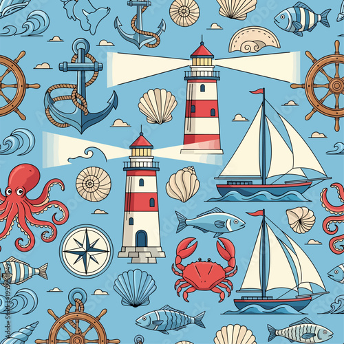 A Seamless Nautical Pattern Featuring Red Lighthouses Blue Anchors and Miniature Sailboats on a Light Blue Background