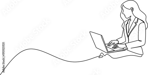 Continuous One Line Drawing of a Businesswoman Working on a Laptop Computer